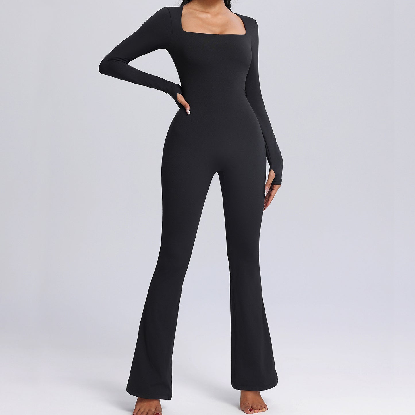 Long-sleeved Square Neck Yoga Jumpsuit - Diamond Fitness